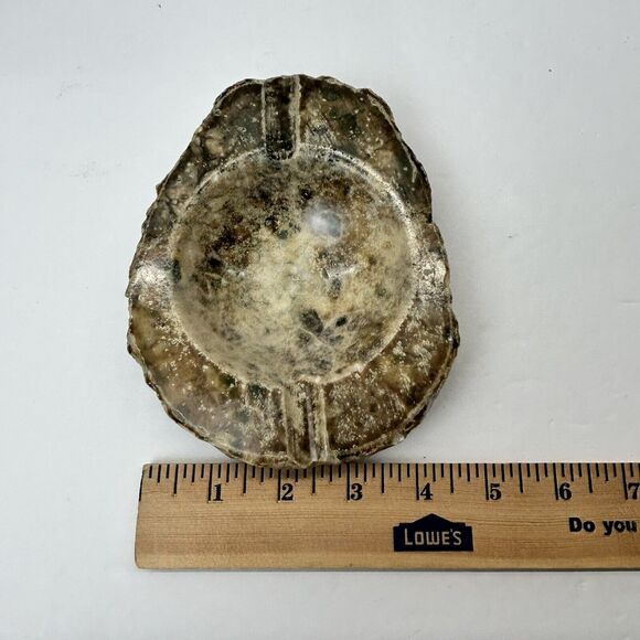 Vintage Alabaster Hand Carved Ashtray Ruff Edge Italy Green Brown Tan Rustic - Picture 10 of 12